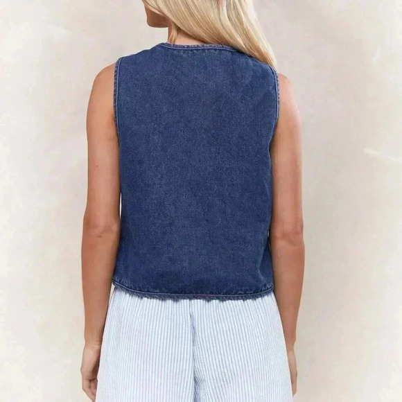 Blue Casual Women's Tie Detail Open Front Sleeveless Denim Top - Picture 2 of 4